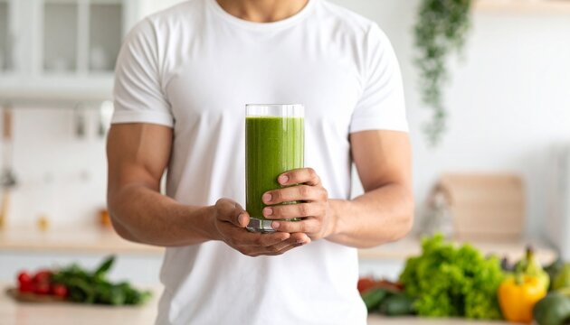 Gut Health Coach Concept. Healthy green smoothie held by a man in a bright kitchen.