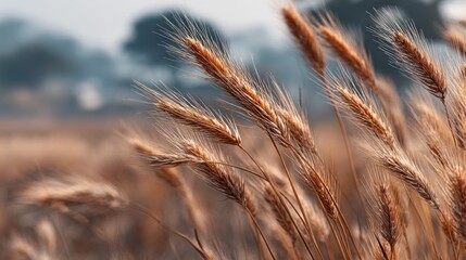 Close-up of golden wheat stalks swaying gently in a serene field during sunset, with a blurred natural background.