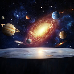 A vibrant cosmic scene featuring a bright sun, multiple planets, and a colorful galaxy backdrop, showcasing the beauty and diversity of our solar system
