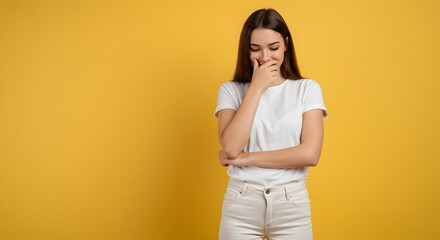 Obraz premium Young woman giggling and covering her mouth with hand, expressing joy and amusement against a vibrant yellow background