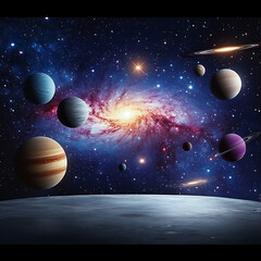 A vibrant cosmic scene featuring a bright sun, multiple planets, and a colorful galaxy backdrop, showcasing the beauty and diversity of our solar system
