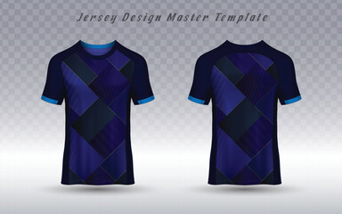 Front and back view of a blue sport jersey with a geometric pattern of various shades, ideal for team uniforms, athletic events, and modern apparel mockups