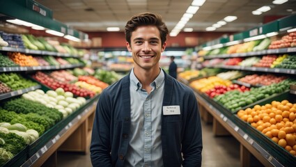 Friendly Grocery Store Employee Smiling Amidst Fresh Produce
