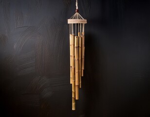 wind chime with bamboo tubes and decorative top hangs against a dark wall