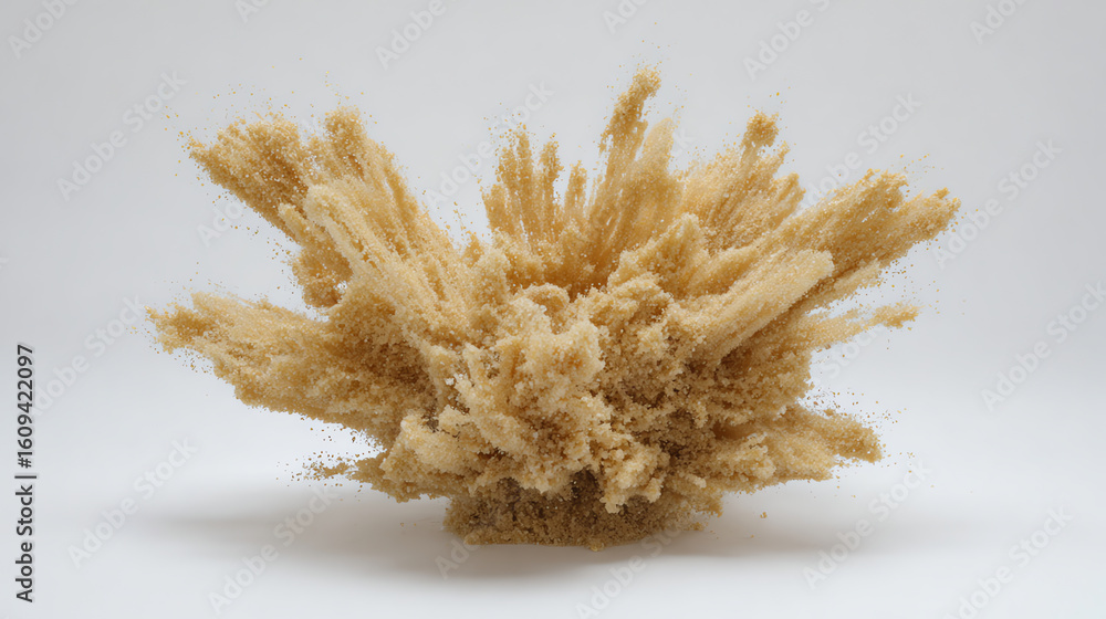 Poster explosion of brown sand particles captured mid-air against a plain white background, creating a dyna