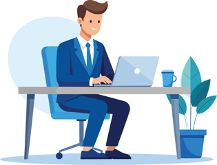 Minimalist Flat Vector Illustration of a Smiling Businessman Sitting at a Desk and Working on a Laptop with Office Elements on a White Background