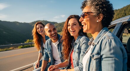A Diverse group of friends sharing laughter on a scenic road trip along a mountain highway