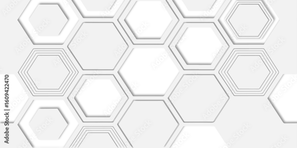 Poster  hexagons of different sizes and some with multiple borders surrounding them creating a modern, abstract design suitable for backgrounds and textures.