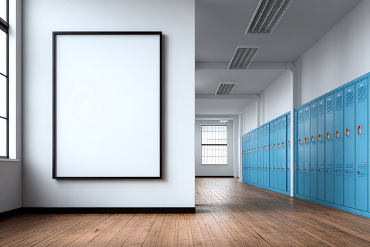 Empty school hallway with wooden floor, blue lockers, large windows, and a blank poster frame on the white wall, illuminated by natural and ceiling light