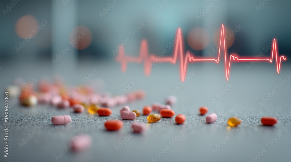 Poster various colorful pills scattered on a surface with a red heartbeat line overlay representing health 
