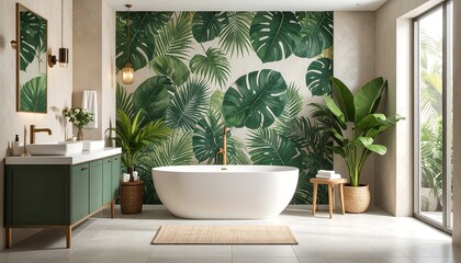 Modern bathroom with tropical wallpaper