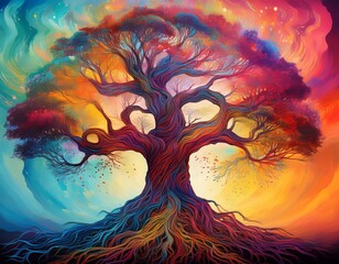 colorful painting of a large tree with prominent roots against a vibrant background
