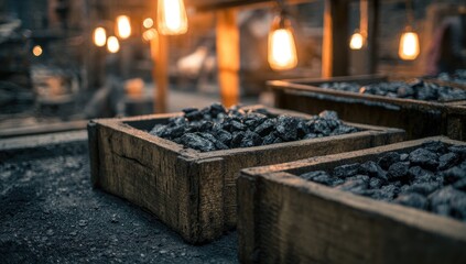 Wooden boxes filled with coal, lit by warm lights