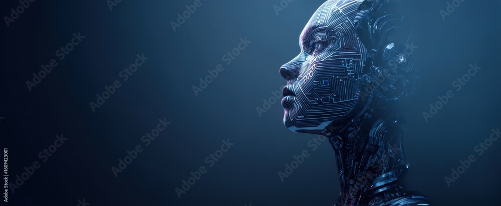 Poster the futuristic robot profile showcasing advanced circuit designs and glowing elements.