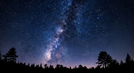 A mesmerizing view of the Milky Way galaxy shining brightly over a dark forest landscape at night