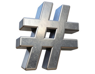 Obraz premium 3D Hashtag Symbol with Shadow and Metallic Texture, Angled View, Realistic Style, Isolated PNG,And transparent the background.