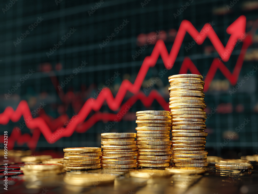Poster stacks of gold coins increasing in height with a red upward-trending stock chart in the background, 