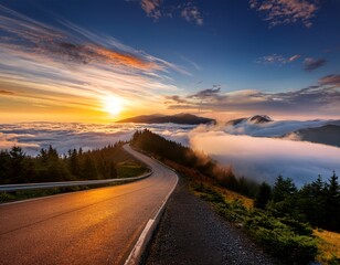 majestic sunrise over cloud covered mountain road with scenic view and vibrant sky colors