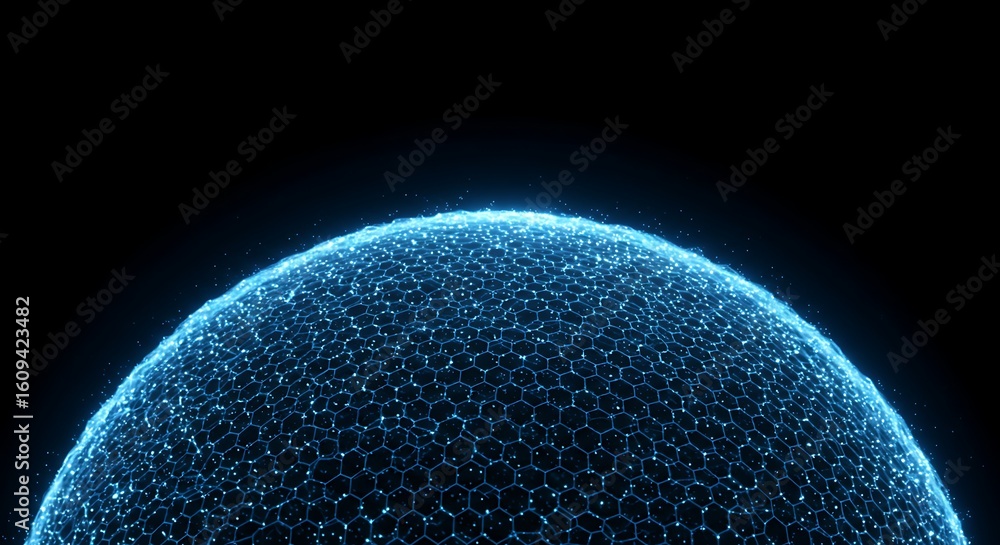 Poster abstract blue glowing sphere network with hexagon pattern and dark background