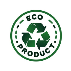 Eco product label with recycling symbol in green color scheme  