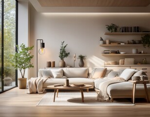 scandinavian style living room with soft lighting and minimalist