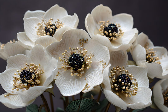 A captivating arrangement of handcrafted white art flowers, showcasing intricate gold and black centers.