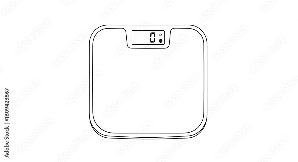 Poster a simple line drawing of a digital bathroom scale displaying a weight of zero on a white background 