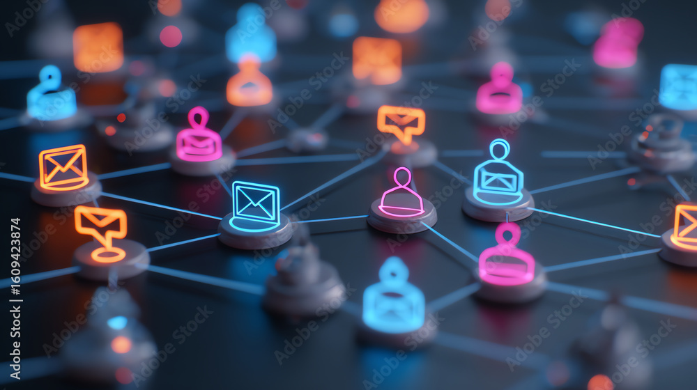 Poster digital network concept with glowing neon icons representing users, messages, and communication node