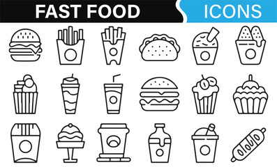 Food Icons for Fast Food, Snacks, Fries, and Burgers