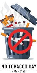 A graphic illustration promoting No Tobacco Day, showing discarded cigarettes in a trash can with a no smoking symbol.