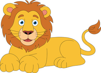 Cute cartoon lion lying down with happy expression, vector illustration for children, wildlife animal, jungle character, flat mascot design