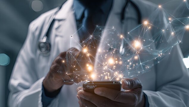 Doctor using a phone with a network graphic