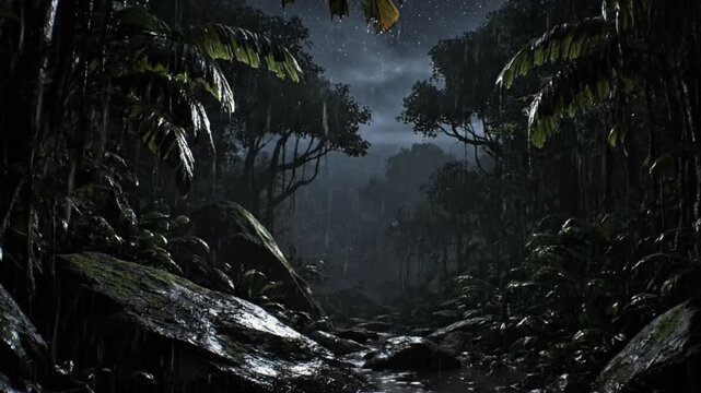 A mysterious jungle path at night surrounded by dense tropical foliage and large rocks, creating a dark and moody atmosphere in the wilderness.
