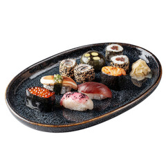 A black ceramic sushi platter tray isolated on transparent background