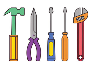 Colorful useful Hand Tools Illustration  Hammer, Pliers, Screwdrivers, and Adjustable Wrench