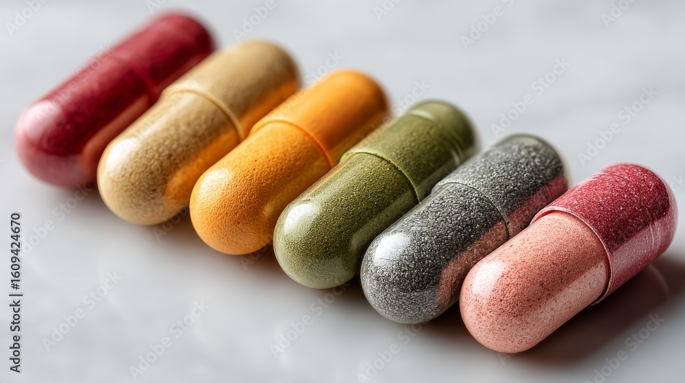 Poster six colorful capsules filled with different powdered supplements arranged in a diagonal line.