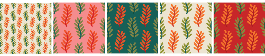 Floral seamless pattern set, trendy graphic digital papers with botanical elements, flowers, leaves for your design. Hand drawn collection. Vector illustration.