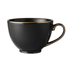 A black ceramic teacup with fine gold rim detail isolated on transparent background