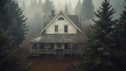 Weathered wooden house in a foggy forest