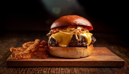 sizzling beef burger with double cheese crispy onion straws on brioche moody tavern style lighting wooden board