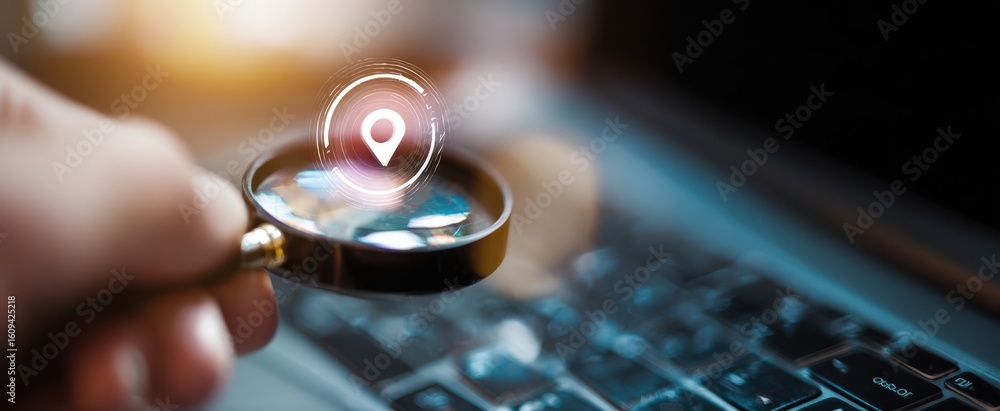 Aufkleber the magnifying glass highlighting a location pointer over a laptop keyboard