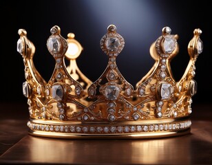 a luxurious crown shines brightly against a dark background the gold structure is embellished with numerous diamonds showcasing intricate designs and artistry highlighting elegance and opulence