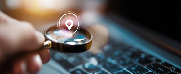 The magnifying glass highlighting a location pointer over a laptop keyboard