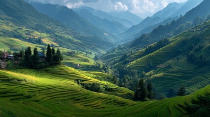 Fototapeta premium Scenic terraced rice fields cascade down lush green mountains under a partly cloudy sky in a remote valley.
