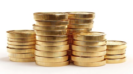 Stack of gold coins 3D realistic rendering shiny blank cash game assets isolated on white background