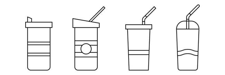 Drink cup, straw set vector illustration for beverage, smoothie, coffee, juice, water, soda, cold drink, icon collection.