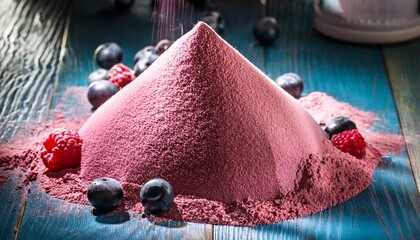 berry whey protein powder wooden countertop spread