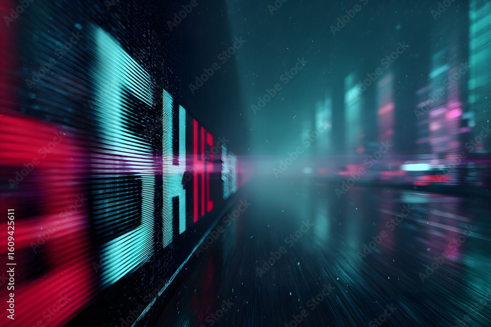 Poster Abstract digital background featuring vibrant neon lights and blurred text, creating a futuristic atmosphere with a sense of motion and depth in a cyberpunk-inspired environment