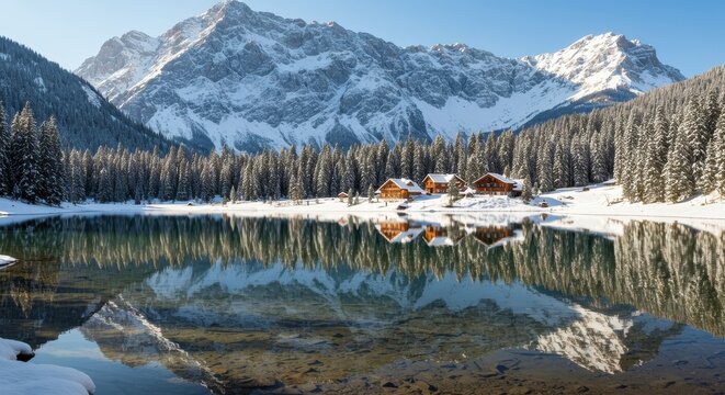Serene winter wonderland with snow-capped mountains reflecting in a tranquil lake