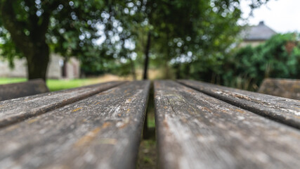 Extreme close-up of weathered wooden table with lichen, very shallow depth of field, symmetrical composition, blurred background with garden, trees, lawn, and houses